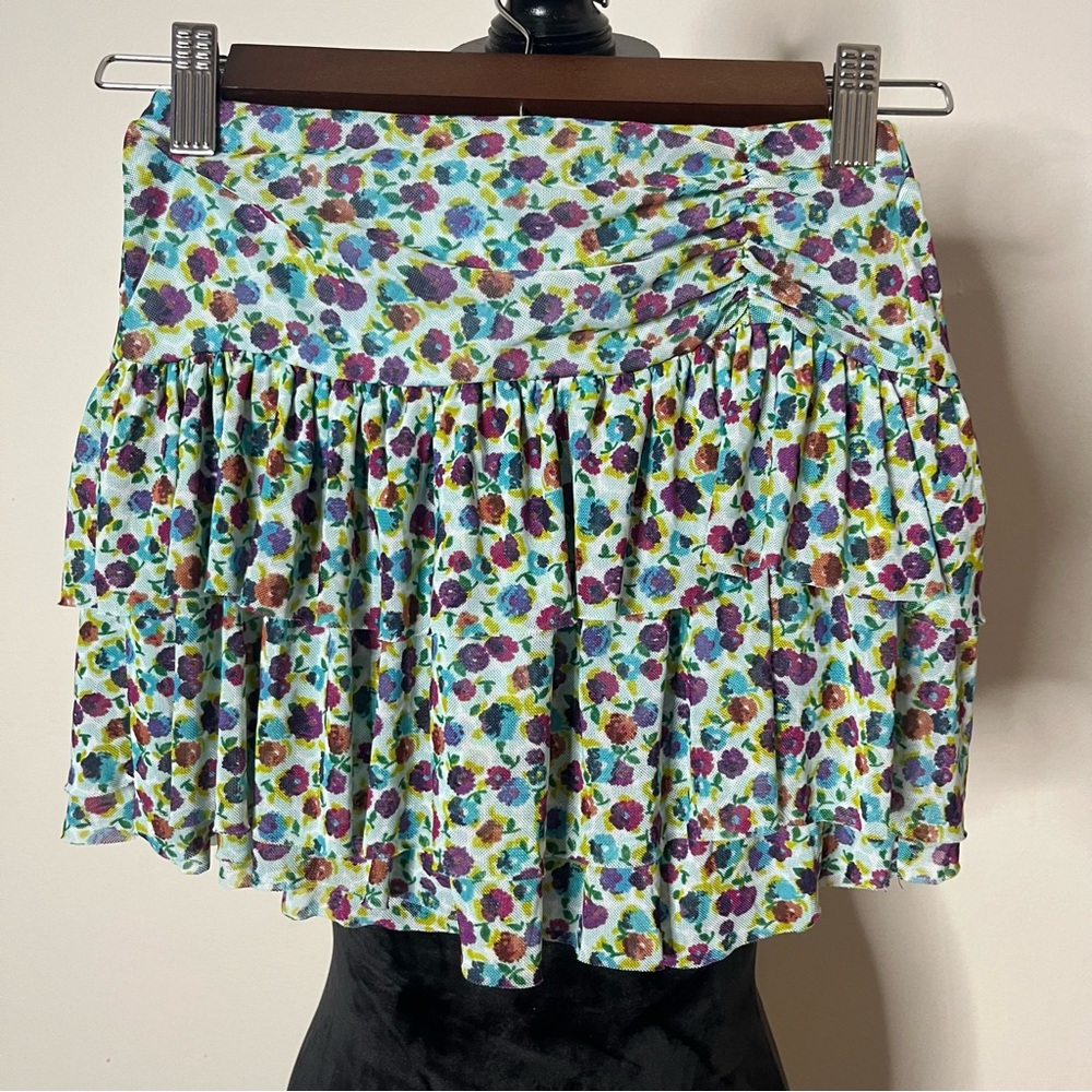 Zara Kids Teal Floral Tiered Ruffle Mesh Mini Skirt Sz 11/12